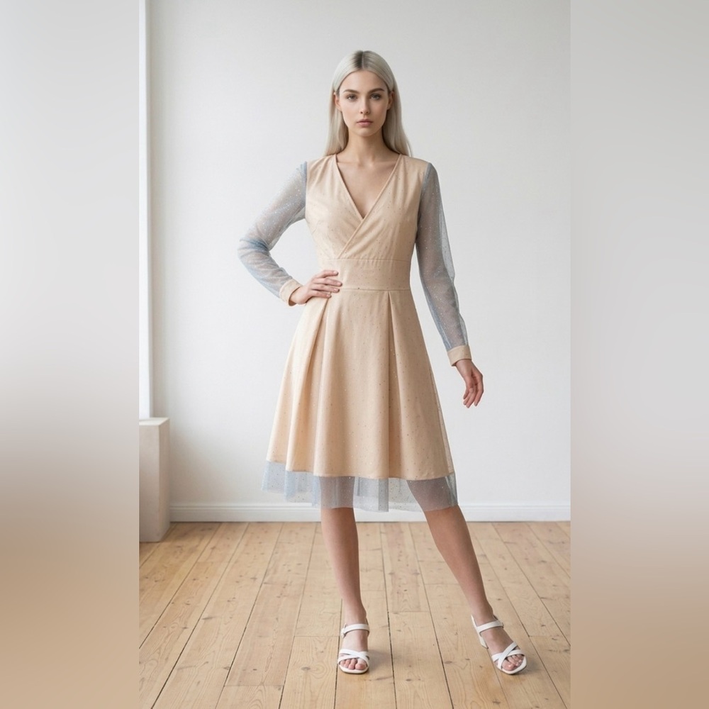 Elegant Cream A-Line V-Neck Dress with Sheer Long Sleeves - Picture 2 of 6